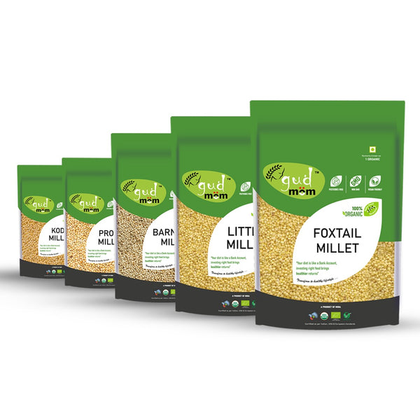 Gudmom Organic Positive Millet Combo-Little Millet, Foxtail Millet, Browntop Millet, Proso Millet, Barnyard Millet (Pack Of 5 x 500gm)