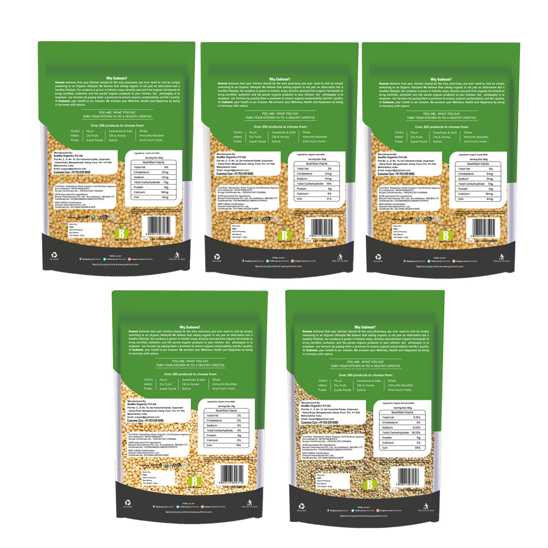 Gudmom Organic Positive Millet Combo-Little Millet, Foxtail Millet, Kodo Millet, Proso Millet, Barnyard Millet (Pack Of 5 x 500gm)